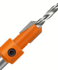 Close-up of a Heavy-Duty Countersink Drill Bit Set, 5-Piece with 8/10mm round shanks and 2.8-4mm conical bits for woodworking.