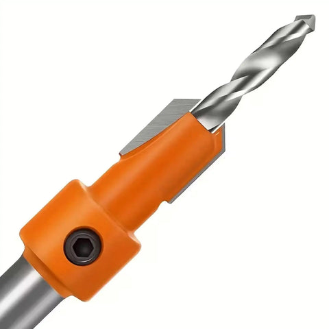 Close-up of a Heavy-Duty Countersink Drill Bit Set, 5-Piece with 8/10mm round shanks and 2.8-4mm conical bits for woodworking.