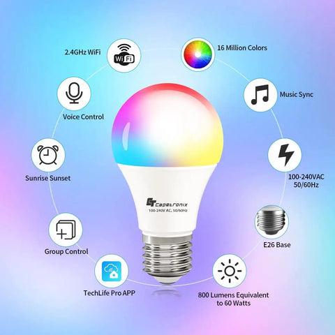 Smart WiFi LED Light Bulbs RGB CW Multicolor Dimmable A19 E26 No Hub Needed Works With Alexa Google Home Siri IFTTT Voice Control And Remote Group Control Pack Of 2 with features displayed