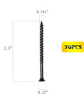 Top Shelf Number Eight By Two One Half Inch Drywall And Wood Screws Featuring Phillips Flat Head And Tough Black Oxide Coating Fifty Five Pack image showing dimensions, 2.5 inch length, 0.31 inch head.