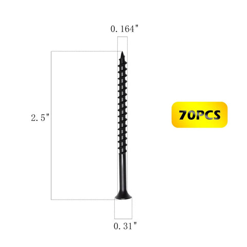 Top Shelf Number Eight By Two One Half Inch Drywall And Wood Screws Featuring Phillips Flat Head And Tough Black Oxide Coating Fifty Five Pack image showing dimensions, 2.5 inch length, 0.31 inch head.