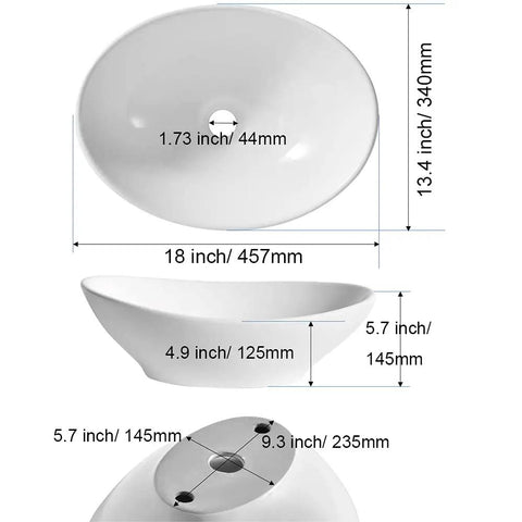 Porcelain Vessel Sink For Bathroom 18 Inch By 13.4 Inch Above Counter Oval Canoe Shape With Pop Up Drain No Overflow Hole