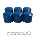 Six Piece Engine Oil Filter And Drain Plug Gasket Kit Fits Hyundai Elantra Santa Fe Sonata Accent Kona And Kia Forte Forte5 1997-2023 Direct Replacement OEM Parts 26300-35503 26300-35504 26300-35505, showing six blue filters and six gaskets.