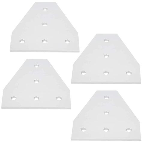 Four five-hole T-shape aluminum joining plates for flexible frame building, silver pack of 4, on a white background.