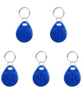 Five blue keychains for Proximity ID Card Access System With Keypad 125KHz Reader Supports Swipe Or Password 1000 User Capacity.