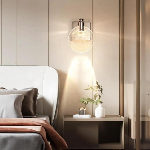 VCDUXMQLK Nordic Luxury Crystal Bedroom Wall Lamps LED Light Source Three-Color Dimmable Sconces in modern bedroom setting.