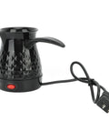 Electric Turkish Coffee Pot 600ml Stainless Steel With Removable Handle For Home And Travel, textured black finish, power cord visible