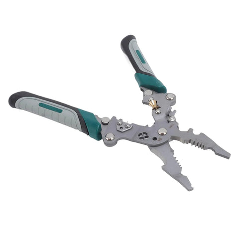 Solid Real Deal 16 In 1 Foldable Wire Stripper And Multifunctional Pliers with grey handle for wire cutting and crimping tasks.