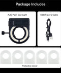 Universal Spray Gun Led Light With Adjustable Lumens And Color Temp Straight Up Crisp Illumination Rechargeable Garage Staple, package contents including light, USB cable, covers.