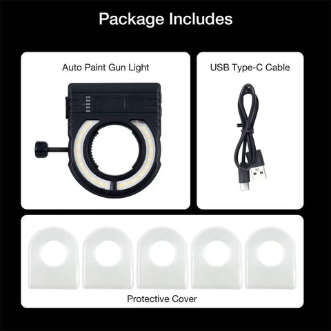 Universal Spray Gun Led Light With Adjustable Lumens And Color Temp Straight Up Crisp Illumination Rechargeable Garage Staple, package contents including light, USB cable, covers.