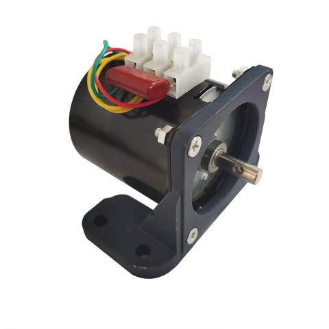 Front view of Bringsmart motor mounting bracket for 60ktyz AC gear motor; black metal frame, shaft, white terminal block.