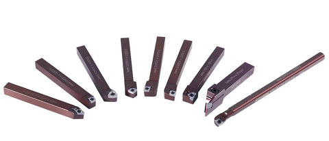 Accusize 3/8'' shank 9‑pc indexable carbide turning tool and boring bar set with 10 extra inserts for aluminum