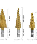 Three titanium-coated step drill bits with hex shanks; gold-toned conical bits with visible size markings.
