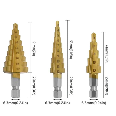 Three titanium-coated step drill bits with hex shanks; gold-toned conical bits with visible size markings.