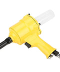 Built Like A Tank Pneumatic Rivet Gun Featuring An Easy Grip Design And Rapid Air Powered Drive For Auto Repair And Metal Fabrication 2 Point 4 To 4 Point 8 mm Fasteners In Bright Yellow, side view showing grip and nozzle.