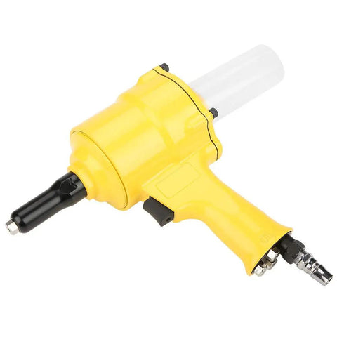 Built Like A Tank Pneumatic Rivet Gun Featuring An Easy Grip Design And Rapid Air Powered Drive For Auto Repair And Metal Fabrication 2 Point 4 To 4 Point 8 mm Fasteners In Bright Yellow, side view showing grip and nozzle.