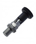 Zero Hassle Self Locking Indexing Pin Featuring Compact Spring Plunger Trigger And Knurled Pull Knob, metallic body with black knob.