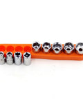 Snag This Solid Mini Ratchet Wrench Set With 1/4 Inch Drive And Nine Proven Metric Sockets From 5mm To 13mm on orange holder.
