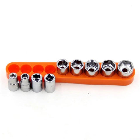 Snag This Solid Mini Ratchet Wrench Set With 1/4 Inch Drive And Nine Proven Metric Sockets From 5mm To 13mm on orange holder.