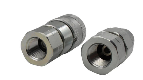 Two silver 1/2 in NPT hydraulic quick-connect couplers with flat-face ends and knurled rings
