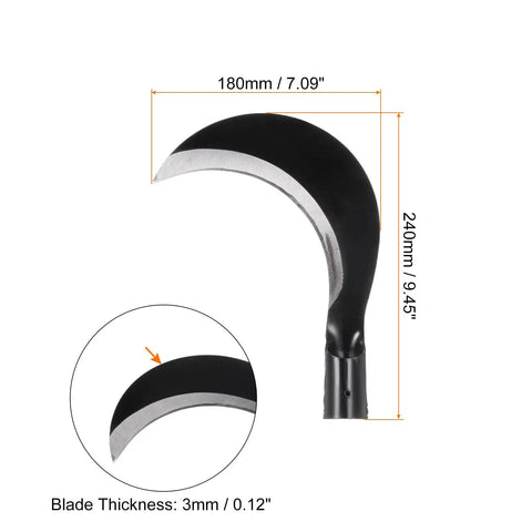 7 Inch Brush Clearing Sickle With Black Oxide Forged Carbon Steel Blade showing blade dimensions and thickness