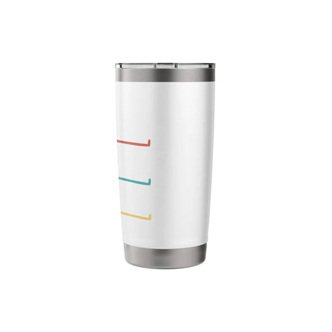 White insulated stainless steel tumbler for glider pilots, aviation enthusiasts with colorful aircraft icons. Double wall design for hot and cold use.