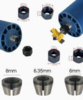 Three Piece Wood Router Collet Adapter Kit With Nuts For Flush Trim Router Bits 6mm 6.35mm And 8mm Shanks Replacement Collet Chuck Adapters Pro Grade Durable Carbon Steel Construction For Fixed Base Routers showing adapter sizes and nuts.