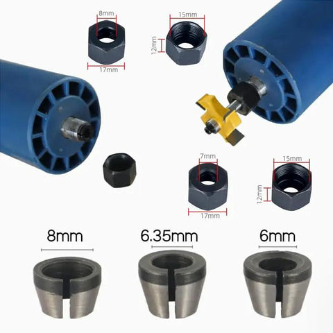 Three Piece Wood Router Collet Adapter Kit With Nuts For Flush Trim Router Bits 6mm 6.35mm And 8mm Shanks Replacement Collet Chuck Adapters Pro Grade Durable Carbon Steel Construction For Fixed Base Routers showing adapter sizes and nuts.