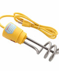 Fast As Lightning 1500W Immersion Water Heater Stainless Steel Portable Electric Kettle with yellow handle and cord.