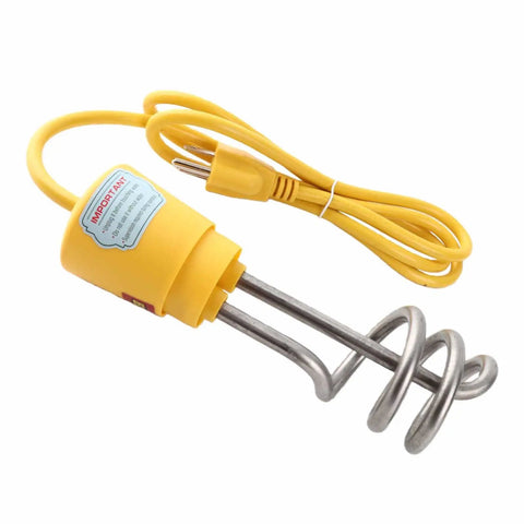 Fast As Lightning 1500W Immersion Water Heater Stainless Steel Portable Electric Kettle with yellow handle and cord.