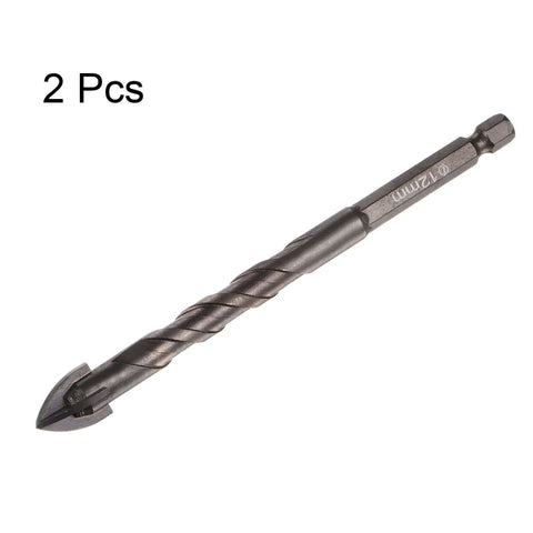 2 pcs titanium-coated masonry drill bits, 12mm with 1/4" hex shank, angled view