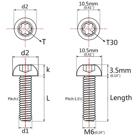 Diagram of Heavy Duty Titanium Button Head Torx Bolts M6x20mm Pack Of 6 Burn Blue 6AL4V Grade 5 with T30 Torx and full thread specifications.