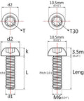Technical diagram of Crazy Lightweight Titanium Button Head Torx Bolts Set M6 with 10.5mm head for bicycle, motorcycle, car.