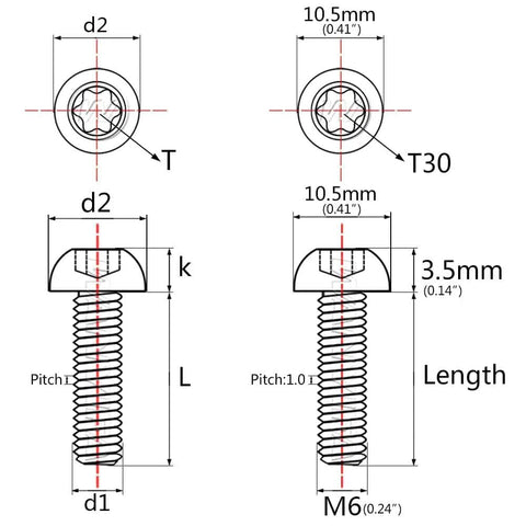 Technical diagram of Crazy Lightweight Titanium Button Head Torx Bolts Set M6 with 10.5mm head for bicycle, motorcycle, car.