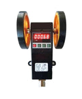 Heavy Duty Cable Length Measuring Wheel With Crisp Digital Console And Dead On Industrial Yard Counter Controller For Smooth Roll Tracking, front view.