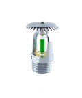 Six Pack Tough As Nails Upright Fire Sprinkler Heads Quick Trigger Response Half Inch Thread Solid Nickel Plated Copper 93 Degree Activation Workhorse Kitchen And Boiler Shield close-up of nickel-plated sprinkler head with glass bulb.