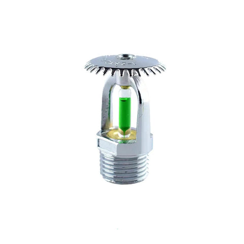 Six Pack Tough As Nails Upright Fire Sprinkler Heads Quick Trigger Response Half Inch Thread Solid Nickel Plated Copper 93 Degree Activation Workhorse Kitchen And Boiler Shield close-up of nickel-plated sprinkler head with glass bulb.
