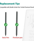 Top Shelf Replacement Tips For Kindle Scribe Pen Plus Premium Pencil 10 Pack High Precision Nibs displayed on Basic and Premium pens.