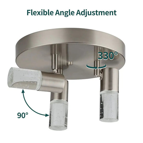 Three Light Semi Flush Mount LED Ceiling Light With Directional Heads, Dimmable 4000K 15W, Brushed Nickel Finish, crystal accents