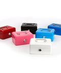 Assorted colored cash boxes including Small Pink Cash Box With Key Lock Double Layer Metal Money Box For Home Security Portable Locking Cash Safe.