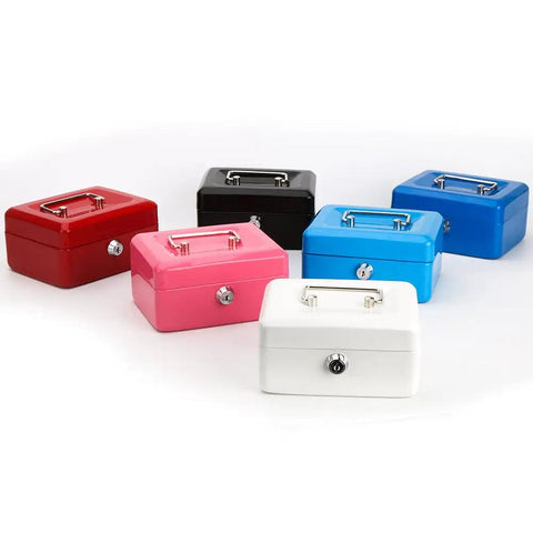 Assorted colored cash boxes including Small Pink Cash Box With Key Lock Double Layer Metal Money Box For Home Security Portable Locking Cash Safe.