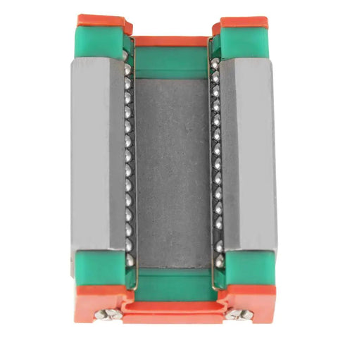 Close-up of slide block from Miniature Linear Rail Bearing Guide Rail 400mm LML9B 9mm wide for CNC and 3D printers.