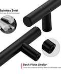 Close-up of Set Of 30 Matte Black Cabinet Pulls, 5 Inch Length, Stainless Steel, highlighting anti-corrosion back plate design.
