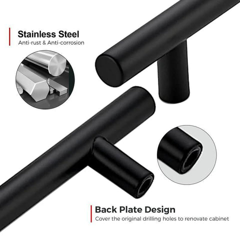 Close-up of Set Of 30 Matte Black Cabinet Pulls, 5 Inch Length, Stainless Steel, highlighting anti-corrosion back plate design.