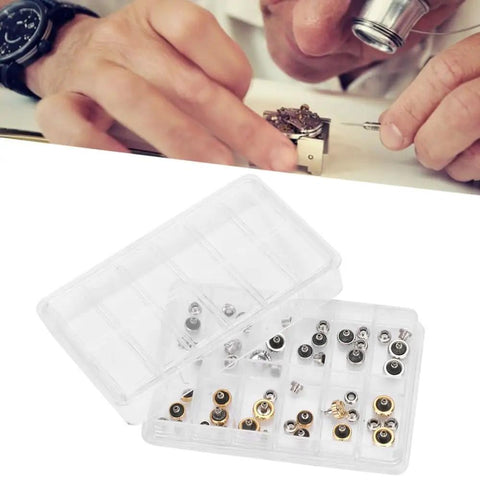 Go To Watch Crown Kit Set With 24 Pieces In 5.3mm 6mm And 7mm Sizes, Gold Silver And Copper Finishes displayed in storage box