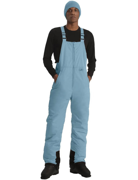 Man wearing Insulated Waterproof Ski Bib Overalls For Men, Bomber Snowboarding Pants With Warm Thick Liner, Haze Blue, Large