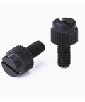 Knurled Thumb Screws For Easy Hand Tightening, Plastic Twist Fasteners For Electronics Mounting, close-up on two black PA66 screws