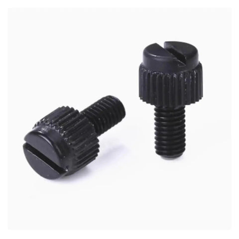 Knurled Thumb Screws For Easy Hand Tightening, Plastic Twist Fasteners For Electronics Mounting, close-up on two black PA66 screws