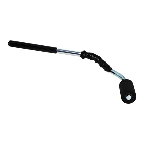 Pro Grade Heavy Duty High Pressure Rubber J Roller With Curved Handle for laminate and veneer glue, side view.