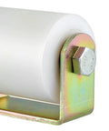 Close-up of Two Pack Slide Gate Guide Roller For 3 Inch Gates, UHMW nylon gate roller with metal C bracket and bolt.